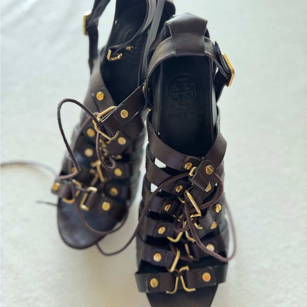 Tory Burch Dark Brown Lace Up Sandals